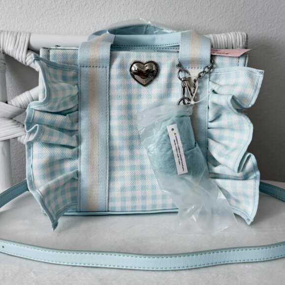 Betsey Johnson Handbags - Betsey Johnson Luv Betsey Light Blue Gingham Ruffle Shoulder Bag Heart Sharm NWT